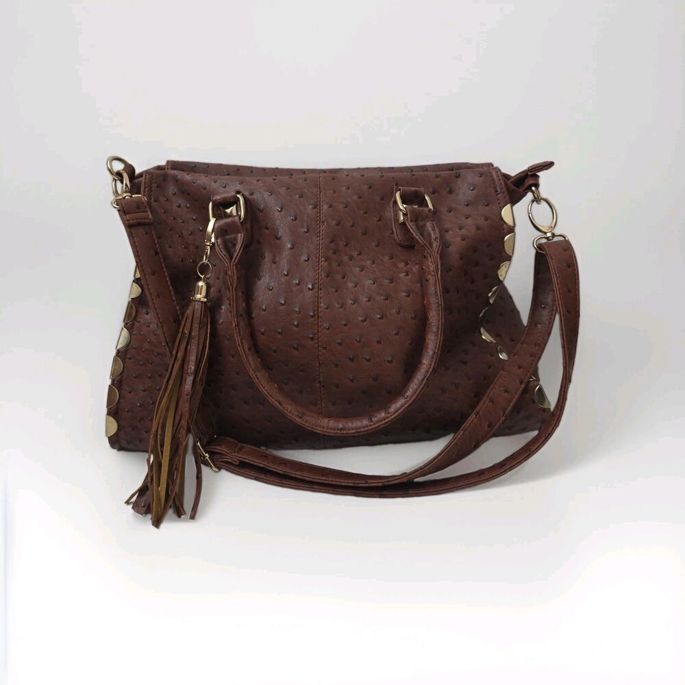 Imoshion Brown Ostrich Embossed Satchel Crossbody Large Bag Tassel Studded Purse